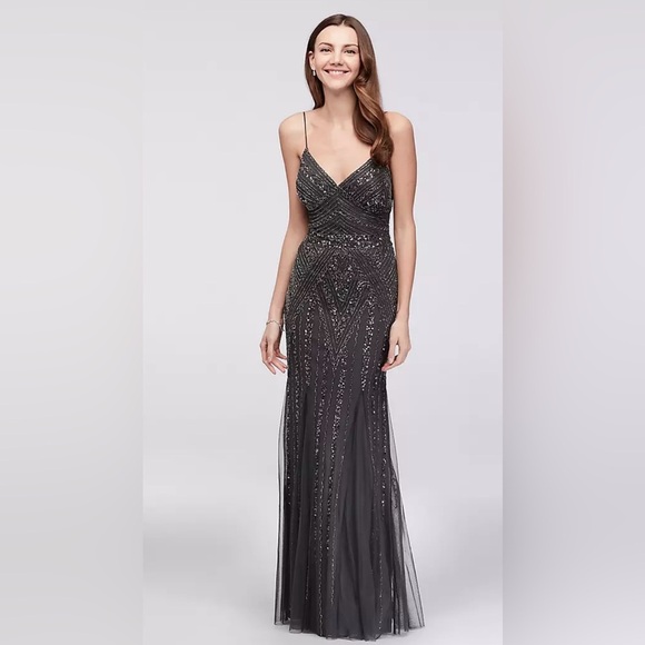 Deco Beaded Mesh A-Line Gown with Godet Skirt - Picture 1 of 14